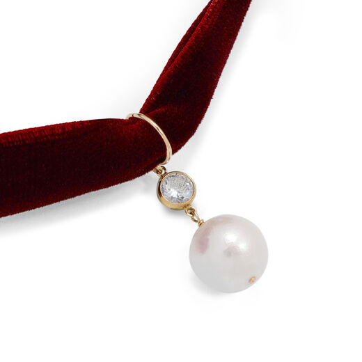 Pearl and maroon velvet ribbon necklace by Margaux Studios